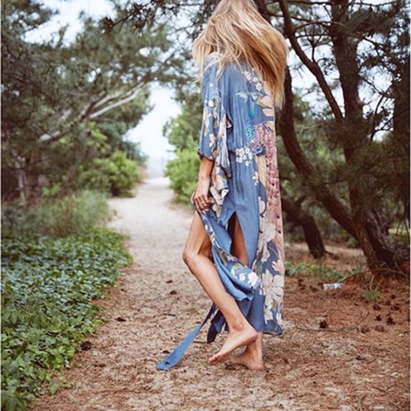SOLD OUT Blue Floral Bohemian Peacock Kimono Duster Robe - Picture 3 of 10